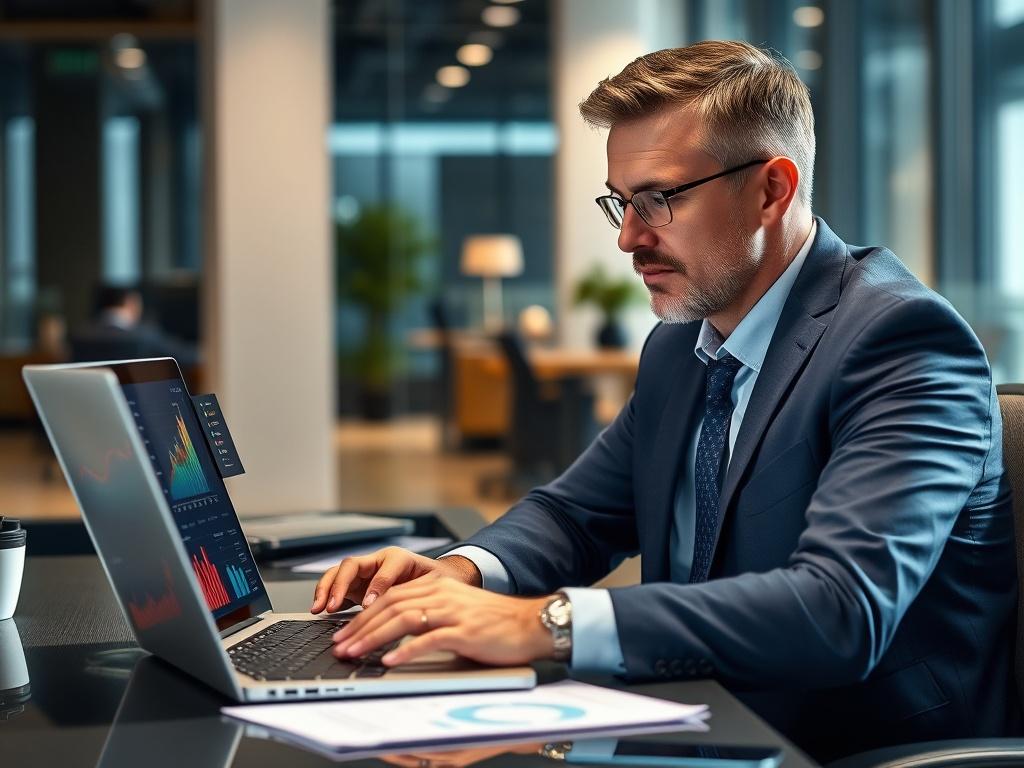 A professional consultant sitting at a desk, analyzing sales data