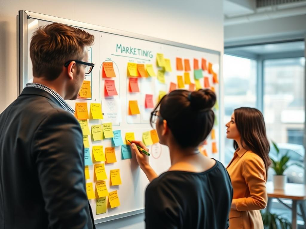 A marketing professional brainstorming ideas on a whiteboard filled with