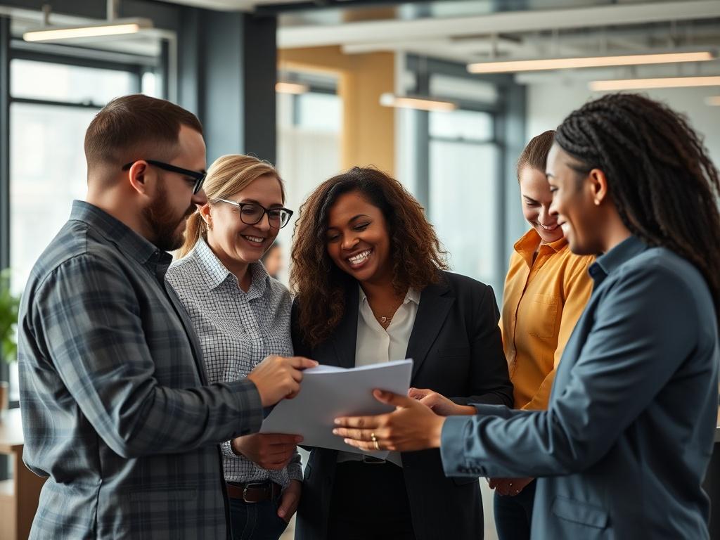A diverse group of employees collaborating in a modern office