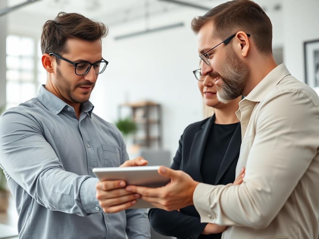 A close-up shot of a confident business consultant discussing strategies with a client in a modern office setting. The consultant is engaging with a digital tablet, showcasing graphs and plans, while the client looks intrigued. Soft, natural lighting fills the room, highlighting the professionalism and focus of the interaction. The background is a sleek office space with minimalistic decor, emphasizing a productive environment.
