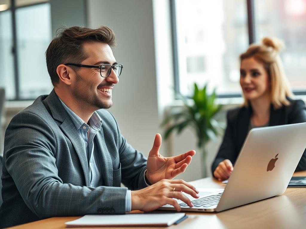 A close-up shot of a confident business consultant in a modern office setting, discussing strategies with a client. The consultant is dressed in professional attire, exuding professionalism and approachability. The background features a sleek desk with a laptop open, a notepad, and a plant, creating a vibrant and productive atmosphere. The image is hyper-realistic, shot with a 45mm f/1.2 lens style, capturing the consultant's engaging expression, with a focus on the primary color rgb(50, 170, 39) subtly int