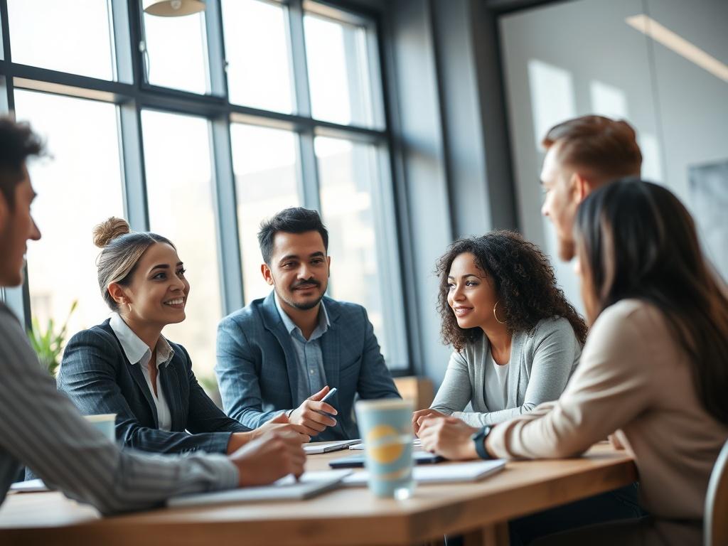 A close-up shot of a team meeting in a modern office, with diverse employees discussing workforce strategies, showcasing teamwork and engagement, natural light coming through large windows.