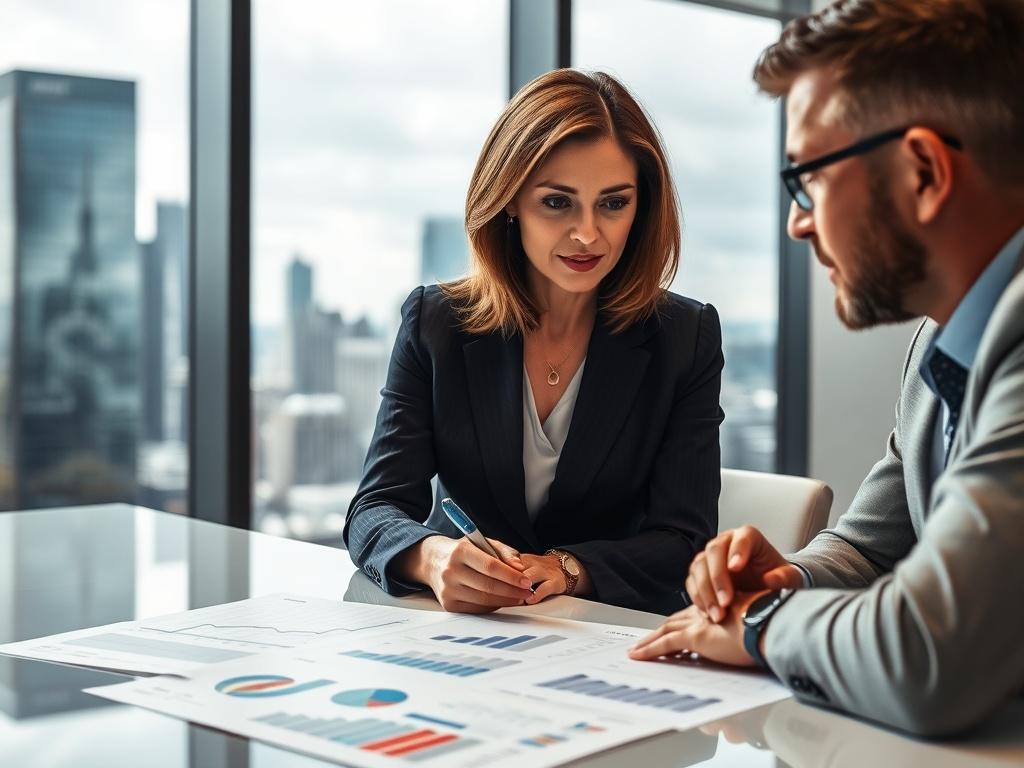 A financial consultant reviewing charts and graphs with a client in a sleek office. The consultant is a middle-aged Caucasian woman, looking engaged and professional. The background features a large window overlooking the city skyline, with financial reports spread across a modern conference table.