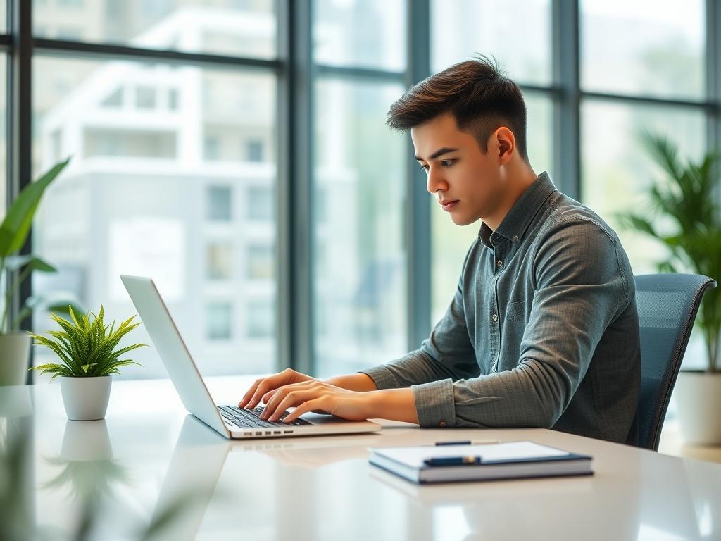 Create a highly detailed, realistic high-resolution photo that captures the essence of the blog titled "Enhancing Your Website for SEO Success." The composition should be simple and clear, featuring a single subject: a focused individual sitting at a sleek, modern desk, diligently working on a laptop. The person should be a young professional, engaged in writing or analyzing website metrics, exemplifying productivity and concentration.

The background should depict a bright, inviting office space with large