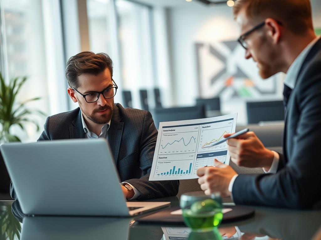 A focused close-up of a financial strategist reviewing detailed reports and graphs on a laptop with a client. The client is taking notes and appears to be engaged in the discussion. The setting is a sleek, modern office, with green accents reflecting the rgb(50, 170, 39) color palette in the decor. The atmosphere conveys professionalism and collaboration.