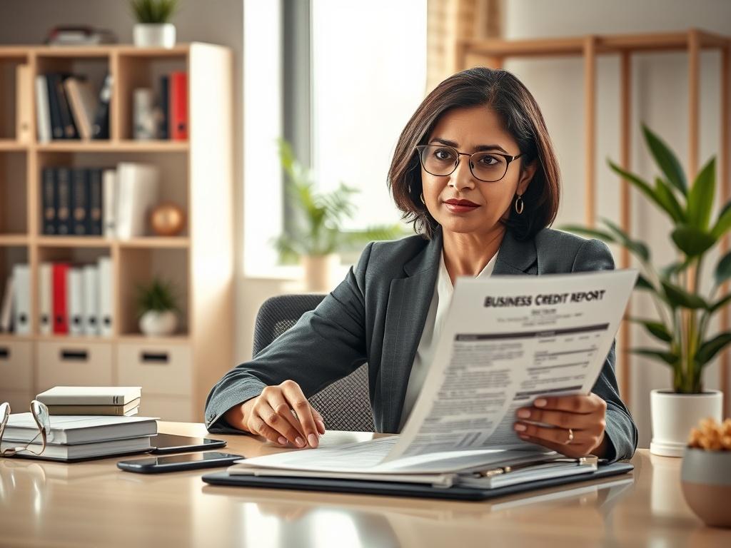 Create a realistic high-resolution image focusing on a single, well-lit office desk setting. The primary subject should be a business professional—a middle-aged South Asian woman—sitting confidently at the desk, reviewing a document labeled "Business Credit Report." She is dressed in a smart, tailored suit, showcasing professionalism and determination. 

The background is an airy office environment with soft-focus elements, such as a modern bookshelf filled with business books and decorative plants, which a