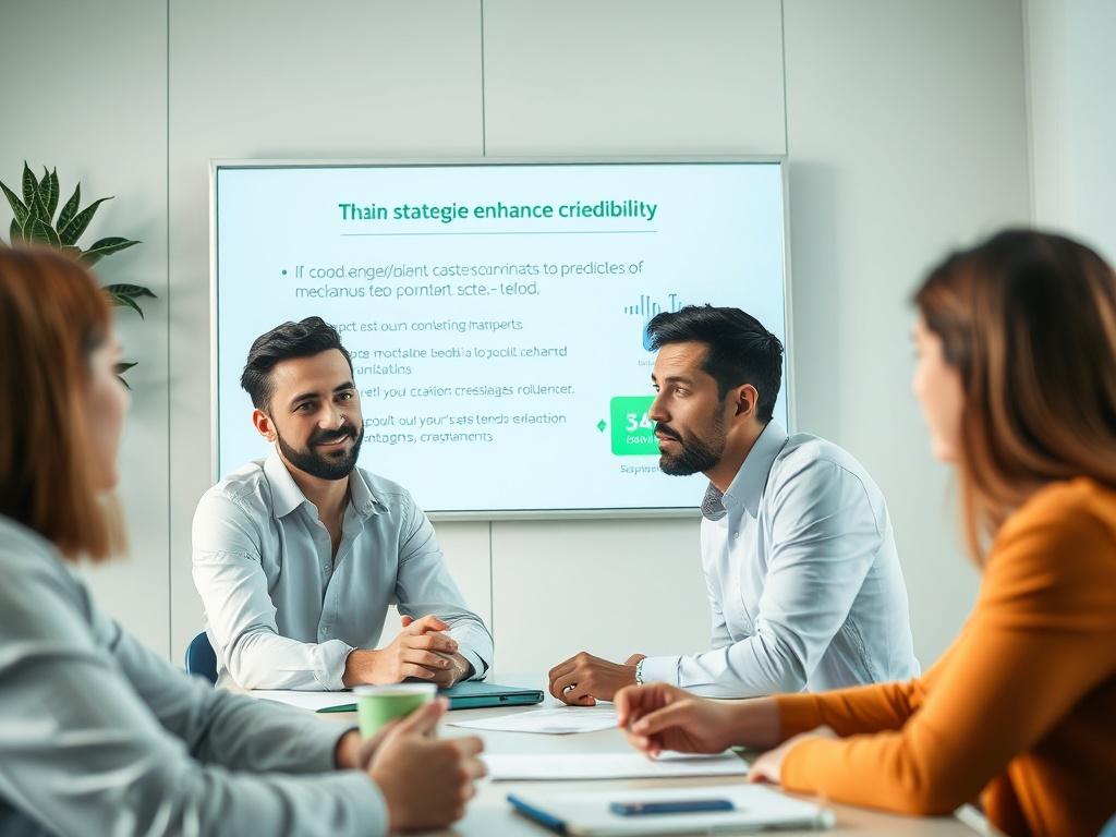 A close-up shot of a business meeting where team members are discussing strategies to enhance credibility. A presentation slide in the background outlines key points, while participants actively engage in the conversation. The environment is well-lit and modern, with green elements reflecting the rgb(50, 170, 39) color theme, emphasizing a professional and collaborative atmosphere.