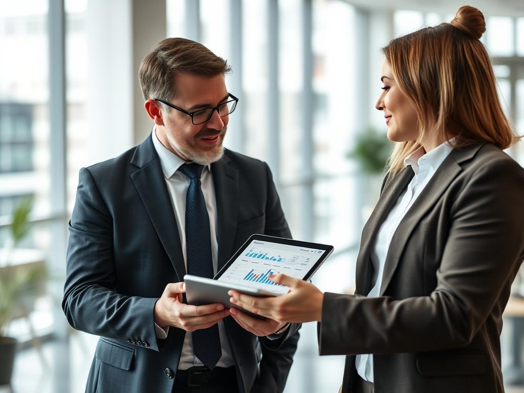 A close-up shot of a business consultant discussing financial strategies with a client in a modern office setting. The consultant is holding a tablet displaying graphs and credit scores, while the client looks engaged and interested. The background is softly blurred, focusing on the interaction and the professionalism of the setting. The color scheme is compatible with rgb(50, 170, 39), creating a vibrant yet professional atmosphere.