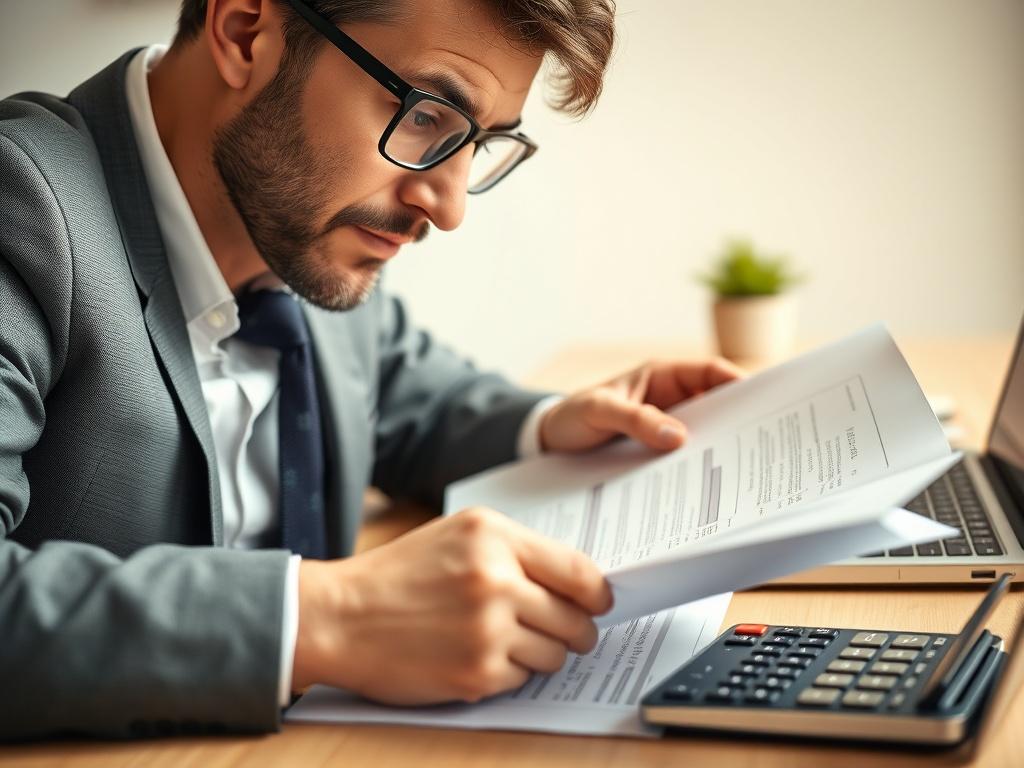 A close-up shot of a confident business consultant reviewing financial documents on a desk. The setting is well-lit with a clean and professional background. The consultant is focused on the papers in front of them, showcasing a calculator and a laptop in the background, emphasizing tax preparation and analysis. The image should have a hyper-realistic quality, captured with a 45mm f/1.2 lens style, highlighting the details of the documents and the consultant's expression.