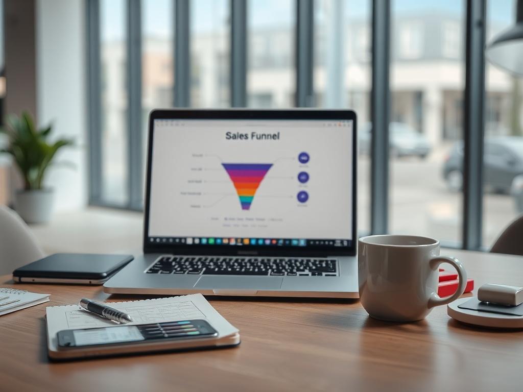 **Prompt for AI Image Generation**:

Create a realistic high-resolution photo focusing on a single subject that embodies the concept of building a strong sales funnel. The central subject should be a well-organized desk with a sleek laptop displaying a sales funnel diagram on its screen. Surround the laptop with essential tools for building a sales funnel, such as a notepad with handwritten notes, a smartphone with analytical charts on the screen, and a coffee mug to symbolize productivity. 

The background