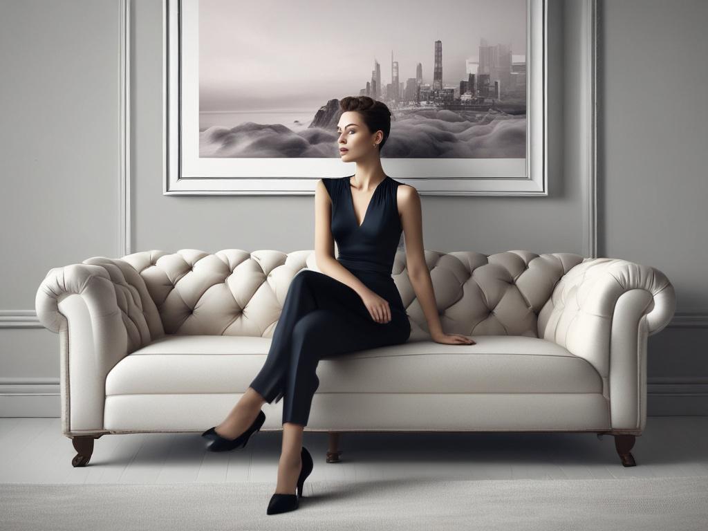 A stunning, elegant woman in a sophisticated outfit, sitting gracefully