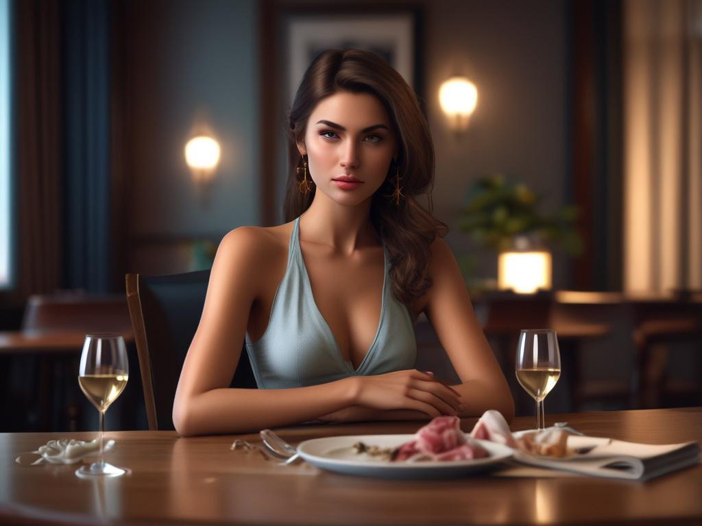 A sophisticated female escort in an elegant setting, sitting at