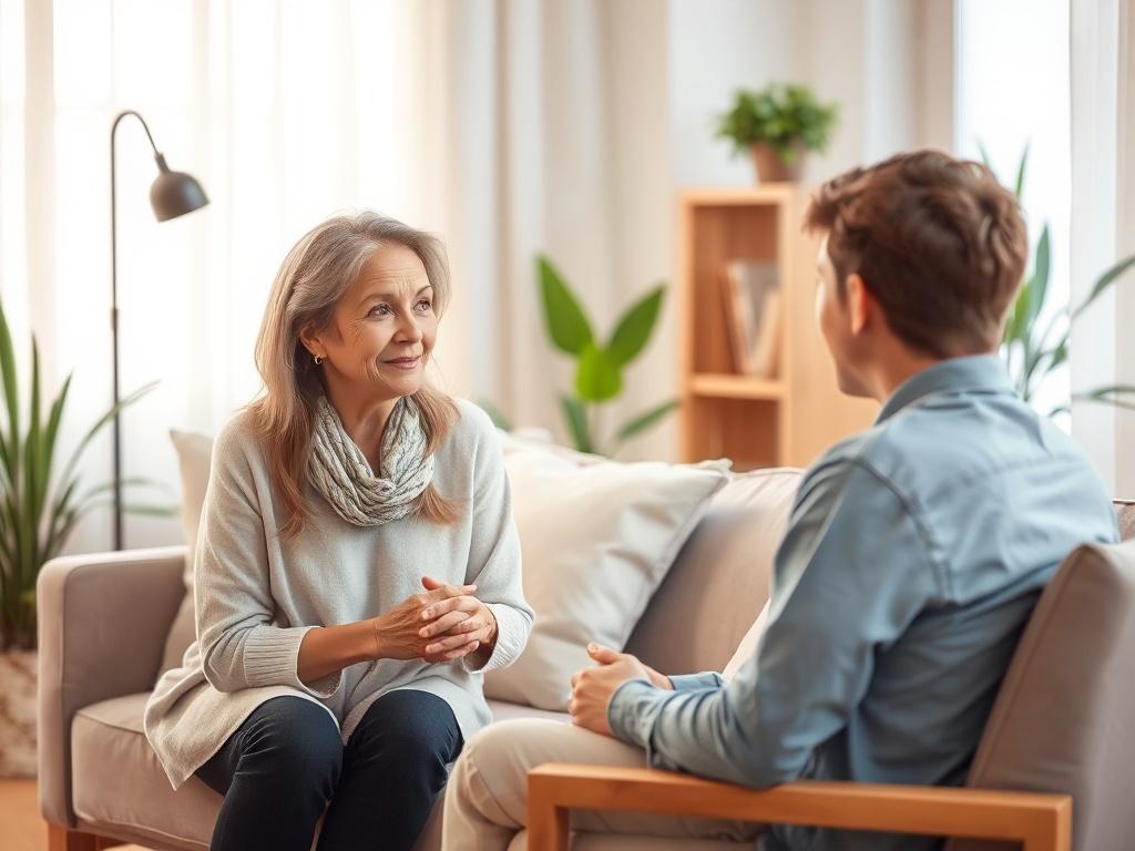 A serene counseling session in a cozy, softly lit room