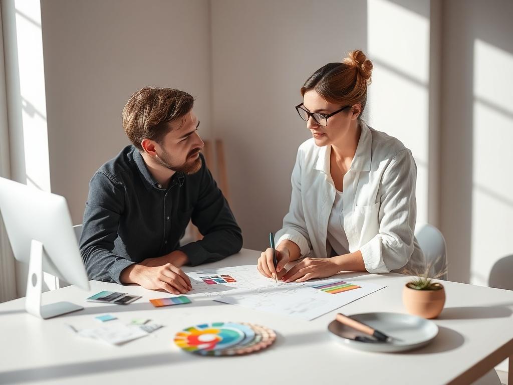 A serene office setting with a designer engaging in a
