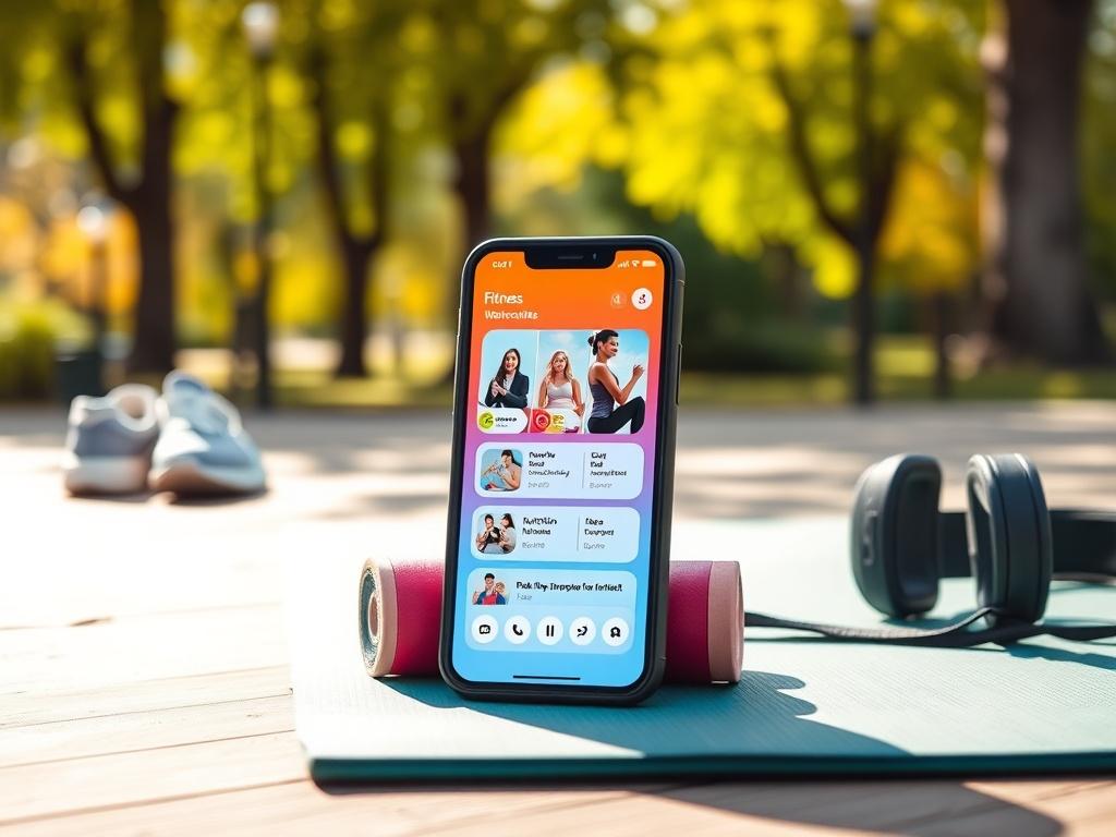 A smartphone displaying a vibrant fitness app interface featuring workout