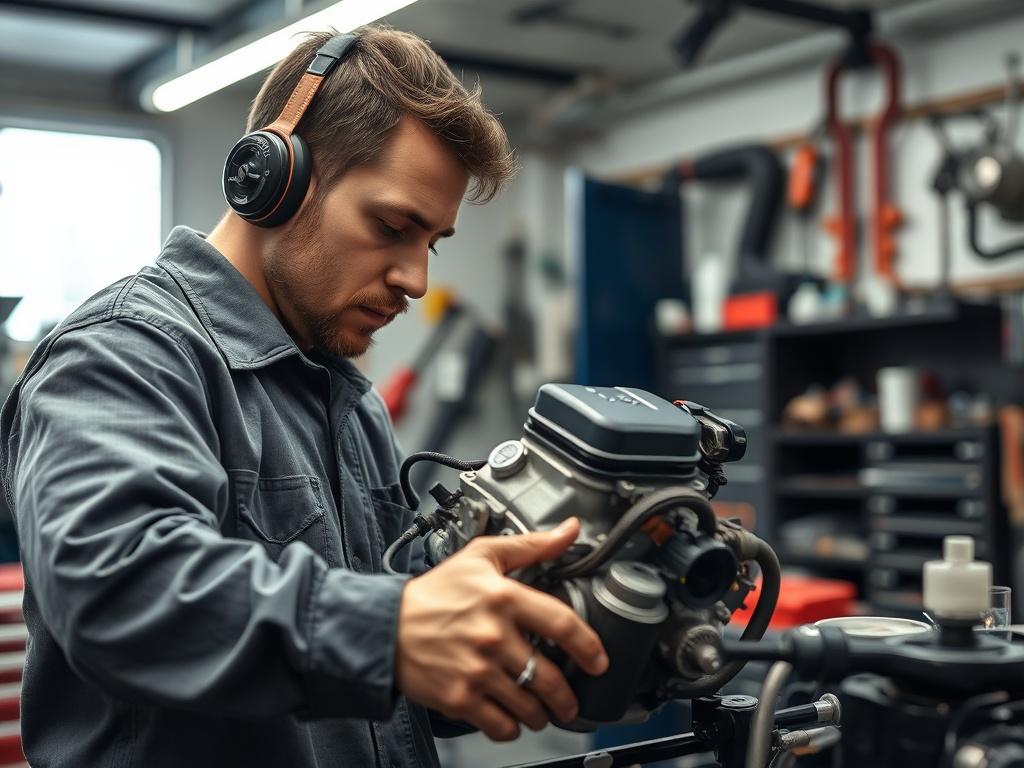 A close-up shot of a mechanic working on a small engine in a well-lit automotive repair shop. The mechanic is focused on repairing the engine, with various tools and parts neatly organized around them. The background is blurred to emphasize the mechanic and the engine, and the overall atmosphere conveys a sense of professionalism and expertise.