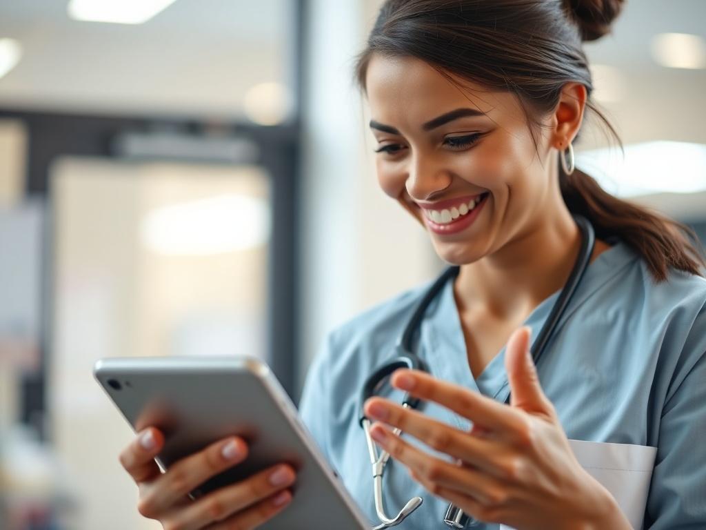 A close-up of a healthcare worker smiling while checking their digital device for license updates. The background should be softly blurred, highlighting the satisfaction of staying compliant. The colors should align with the rgb(50, 170, 39) theme.