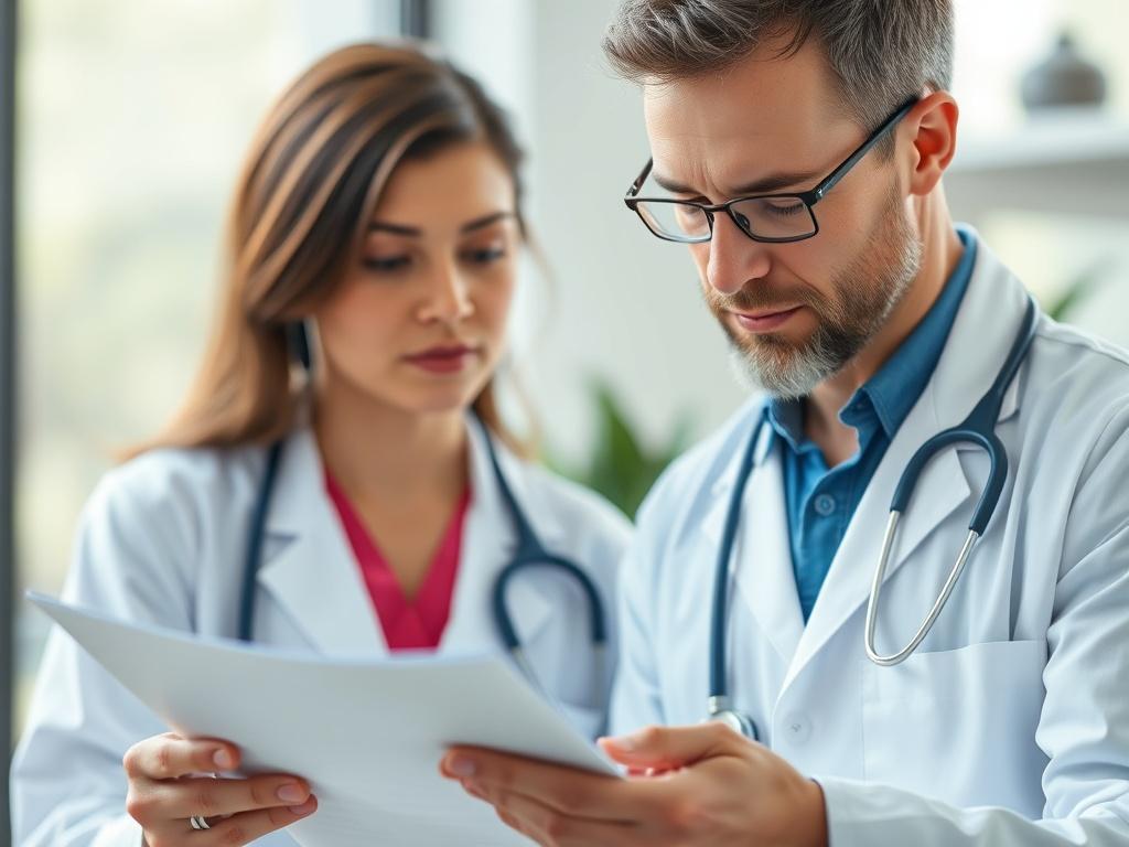 A close-up shot of a healthcare professional reviewing documents, showcasing a sense of focus and professionalism. The background should be blurred to keep the emphasis on the subject, with a soft natural light illuminating the scene. The color palette should harmonize with rgb(50, 170, 39).