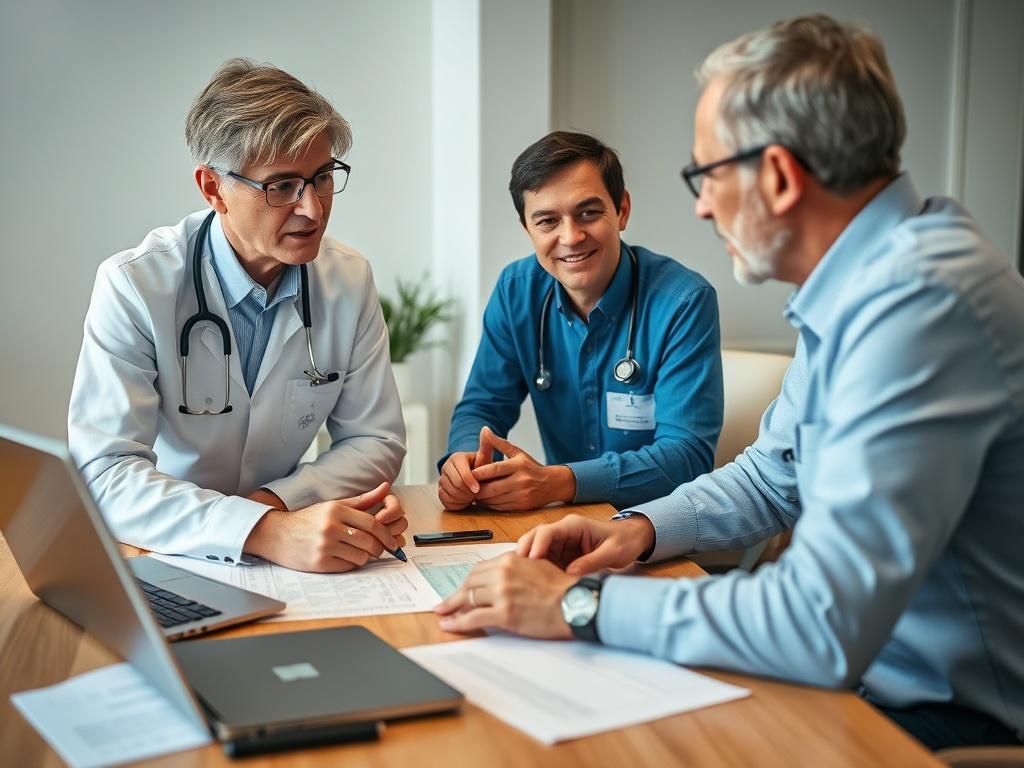 A healthcare consultant discussing with a client over a table filled with registration forms and a laptop, emphasizing collaboration and professionalism. The scene should use soft lighting, focusing on the interaction while keeping the background subtle and in harmony with rgb(50, 170, 39).