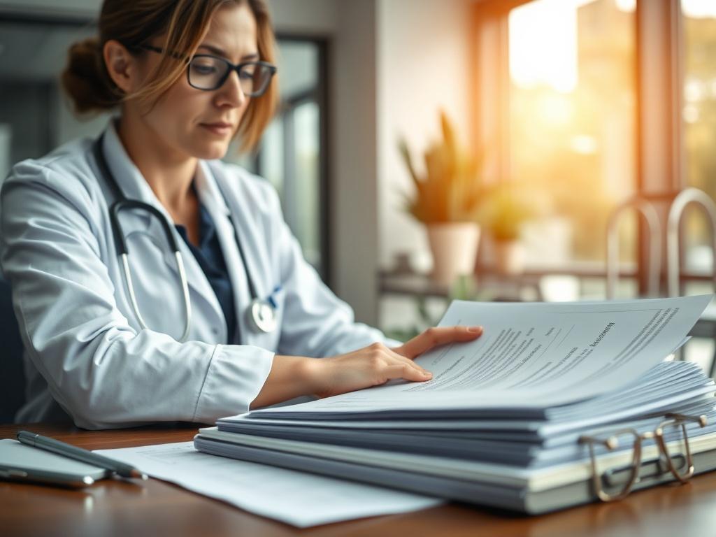 A close up shot of a healthcare administrator organizing medical