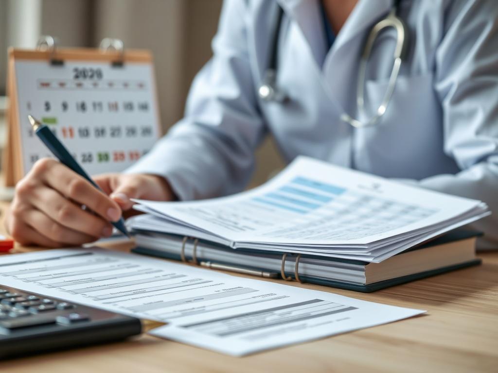 A close up of a healthcare consultant reviewing compliance documents