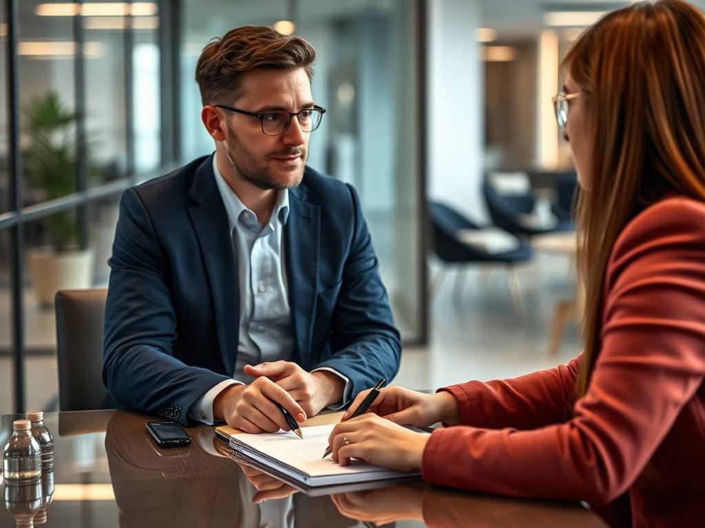 An interviewer and candidate engaged in a discussion during an interview, with a notepad and pen on the table. The background features a modern office space.