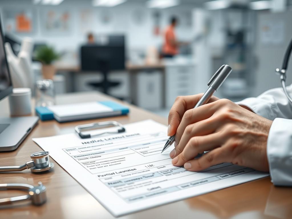 A close-up of a healthcare provider's hands filling out a medical license renewal form at a desk. The background is softly blurred, showing a busy office environment with medical-related items.