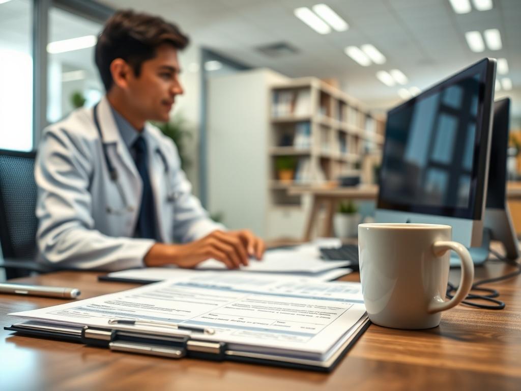 A healthcare professional reviewing credentialing documents in an office setting. The focus is on a desk with paperwork, a computer, and a coffee cup, with a soft, blurred background of a well-lit office space.