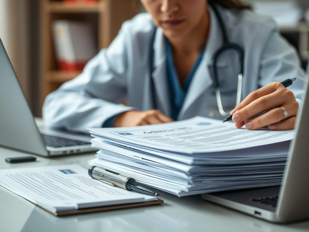 A close-up shot of a healthcare professional reviewing and organizing a hospital credentialing packet on a desk. The scene includes a focused expression, with a stack of documents, a laptop, and a pen in hand. The background is softly blurred to emphasize the subject, and the overall color scheme incorporates the rgb(50, 170, 39) primary color, giving a fresh and professional feel.