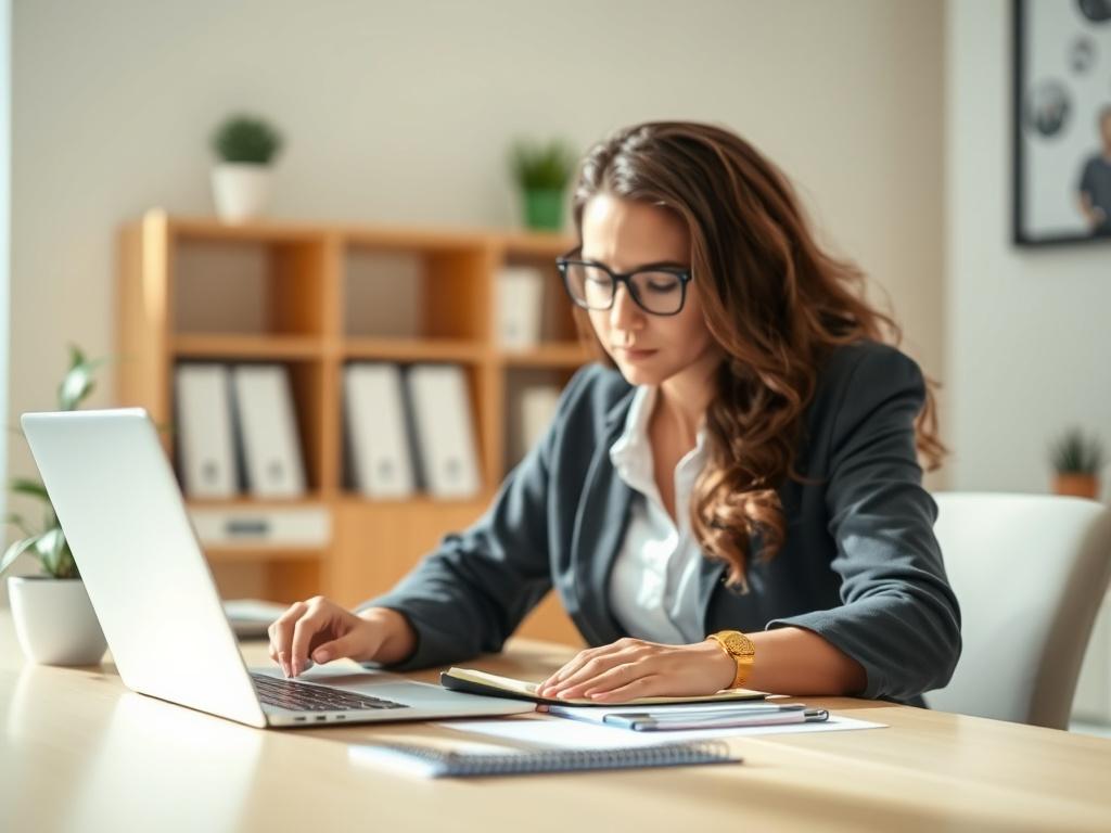 A close-up shot of a mental health professional focused on their work, sitting at a desk with a notepad and laptop, conveying a sense of dedication and professionalism. The background is softly blurred to emphasize the subject, with a warm, inviting atmosphere. The lighting is bright and natural, enhancing the colors in the image. The primary color theme should incorporate shades of green to match the RGB(50, 170, 39).