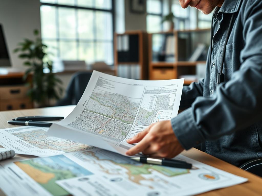 A close up shot of a geologist reviewing documents and