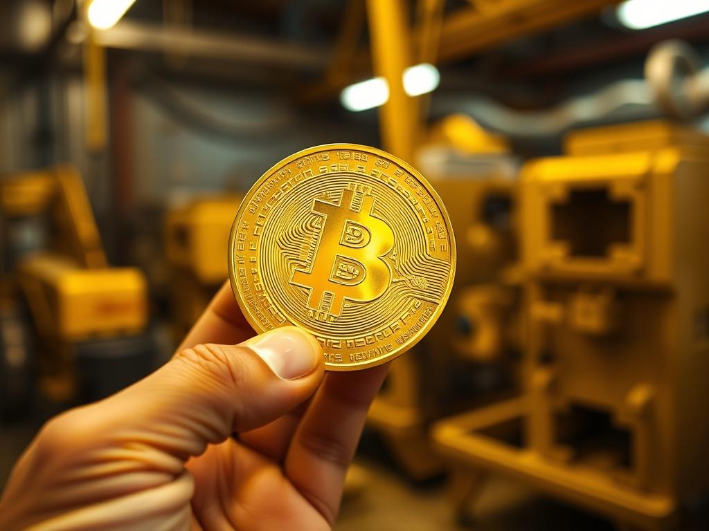 A high-resolution close-up shot of a hand holding a shiny gold token, symbolizing the tokenization of gold mines. The background features blurred gold mining equipment, emphasizing the connection between traditional mining and modern digital investment. The lighting should be warm and inviting, highlighting the gold token's shine. The overall color scheme should align with the rgb(243, 210, 80) primary color.