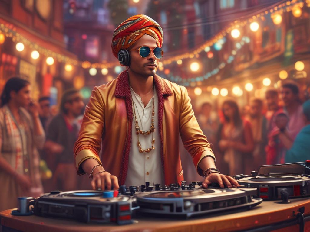 A vibrant Indian DJ standing confidently in front of a baarat, performing with energy and enthusiasm. The DJ is on the rooftop of an open car, surrounded by colorful decorations and lively guests dancing below. The scene is filled with joyful expressions, traditional attire, and a festive atmosphere. The background features a beautiful sunset sky with warm golden hues, enhancing the celebratory mood.