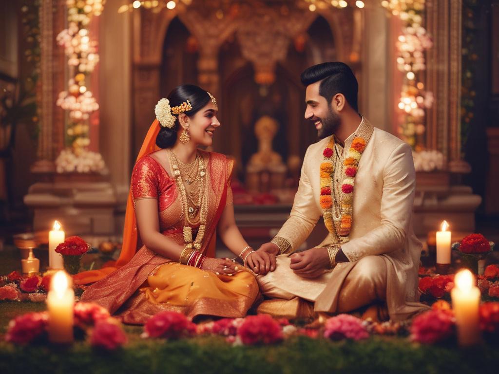 A photographer capturing a beautiful moment of a couple during an Indian wedding. The couple is dressed in traditional Indian attire, surrounded by colorful decorations and soft lighting that creates a warm, inviting atmosphere. The background features elegant floral arrangements and vibrant drapes, enhancing the joyous occasion. The photographer is focused on taking candid shots, with a soft golden hue illuminating the scene, conveying emotions of love and celebration.
