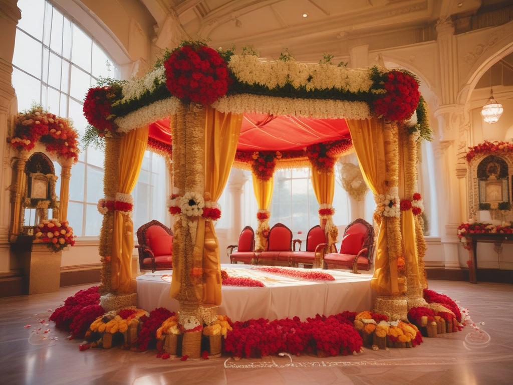A beautifully decorated South Indian wedding venue featuring traditional elements. The scene includes a vibrant mandap adorned with fresh flowers in shades of red, yellow, and white, draped with soft golden fabric. There are intricately designed brass lamps and colorful rangoli patterns on the floor. The background showcases lush greenery and soft ambient lighting, creating a serene atmosphere, all rendered in cozy, golden hues.