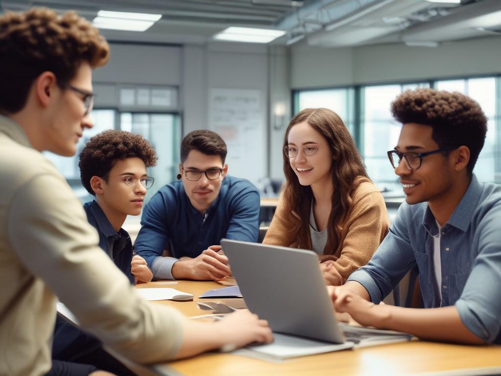 A skilled mentor engaging with a diverse group of students in a modern classroom setting, showcasing data analytics tools on laptops. The scene is well-lit, emphasizing the mentor's enthusiasm and the students' focus. The background features charts and graphs on a whiteboard, creating a professional learning environment. The image should be a close-up shot captured with a 45mm f/1.2 lens style, highlighting the interaction between the mentor and students, with vibrant colors that reflect a tech-savvy atmosp