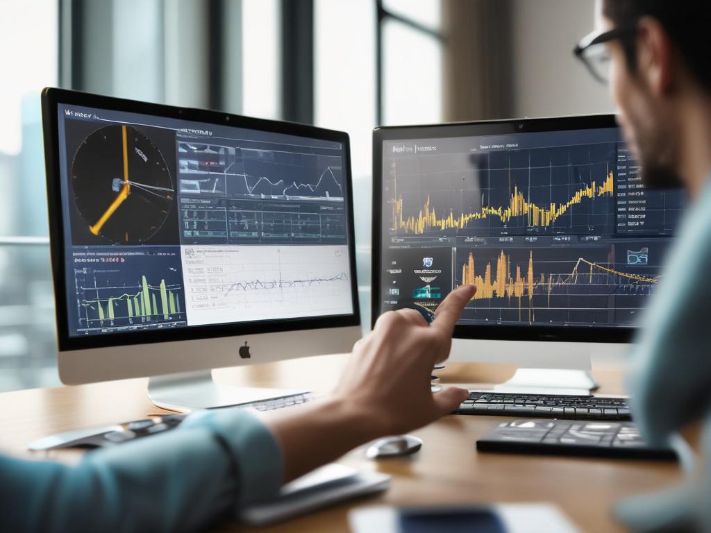 A close-up shot of a person analyzing data on a Power BI dashboard, with vibrant charts and graphs displayed on the screen. The background is softly blurred to emphasize the subject and the digital interface. The lighting is bright and energetic, conveying a sense of innovation and creativity. The image should be high-resolution, capturing the details of the dashboard and the focused engagement of the individual.