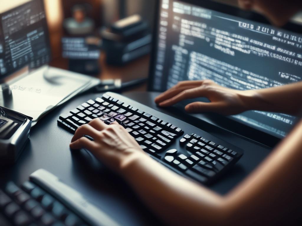 A close-up shot of a person typing SQL code on a computer screen, with a dark-themed code editor displayed. The surrounding area is softly blurred, creating focus on the screen and the individual's intense concentration. The lighting is cool and modern, reflecting a tech-savvy environment. The image should be high-resolution, capturing the details of the code and the ambiance of a coding workspace.