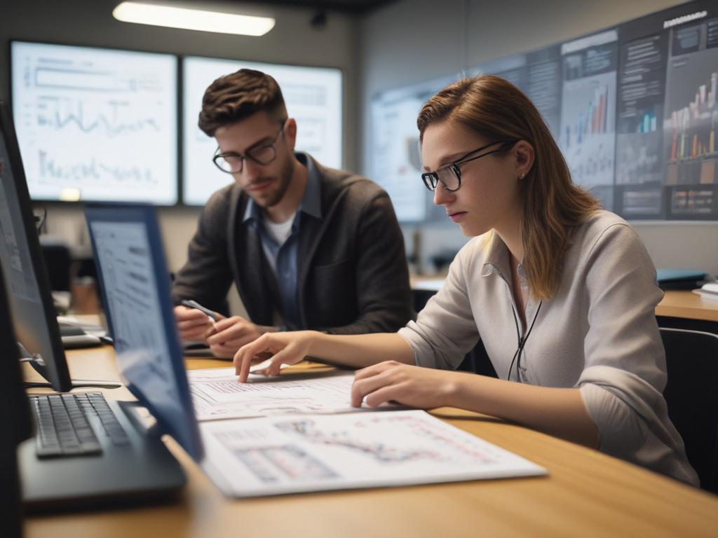 A close-up shot of a mentor guiding a student through data analytics curriculum materials. The setting is an engaging learning environment with charts and data visualizations in the background, emphasizing a collaborative atmosphere.