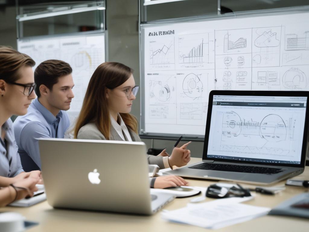 A close-up image of a business workshop in action, showcasing engaged participants discussing data insights. The environment is professional, with laptops and charts prominently displayed, highlighting collaboration and learning.