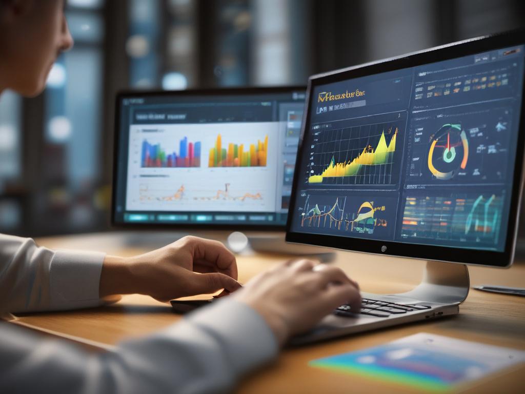 A close-up shot of an individual creating a Power BI dashboard on a laptop, showcasing colorful graphs and charts on the screen. The environment is modern and bright, with a professional yet relaxed vibe. The person appears enthusiastic and engaged in the process of visualizing data. The background is clean, highlighting the focus on the laptop display. Subtle accents of the primary color rgb(2, 86, 197) can be seen in the workspace decor.