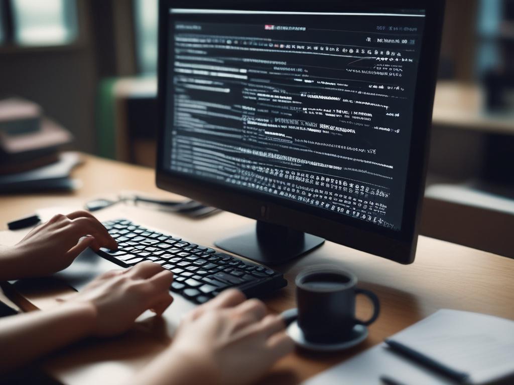 A close-up shot of a person writing SQL code on a computer screen, with a database management interface displayed. The setting should be a modern workspace, with elements like notebooks and coffee cups in the background, slightly blurred. The lighting should be soft yet bright, creating an engaging atmosphere for coding. The image should be hyper-realistic, with clear details that showcase the complexity of the code and the focus on the individual's work.
