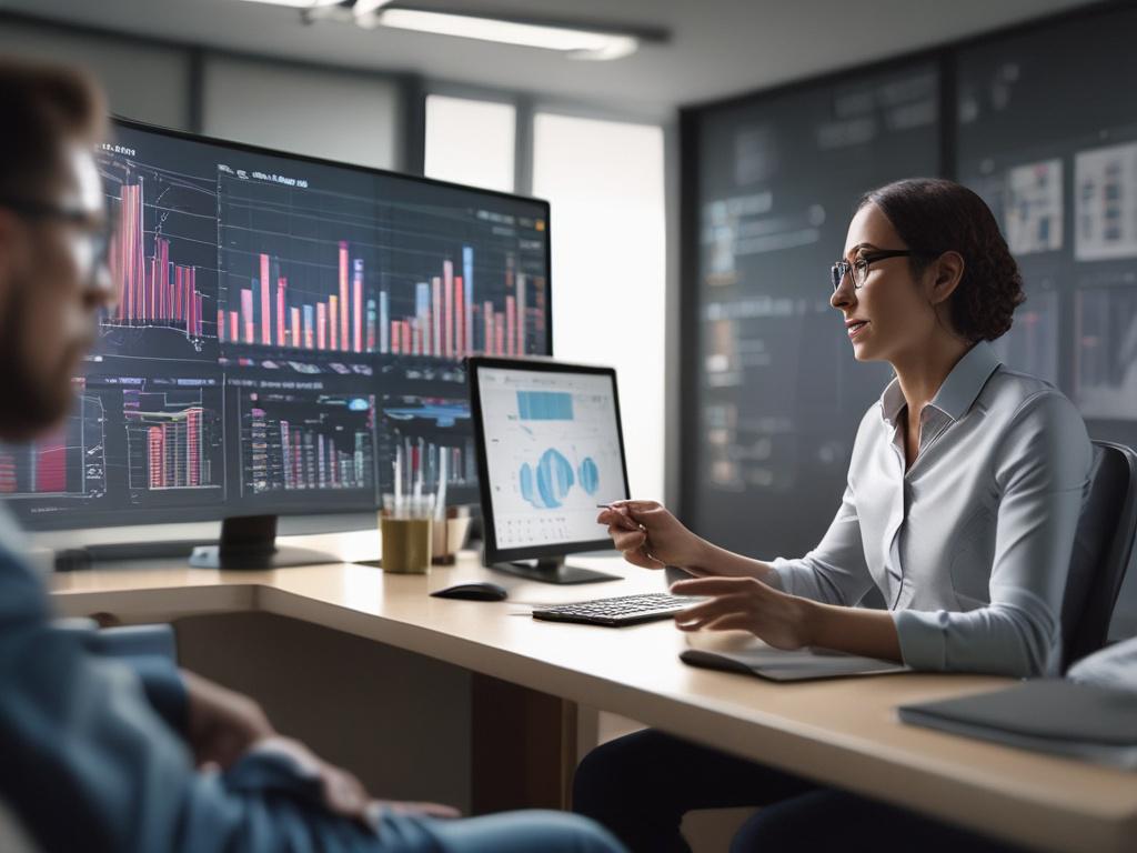 A close-up shot of a person interacting with a Power BI dashboard on a large screen, displaying colorful visualizations and graphs. The background should be a contemporary office environment, slightly blurred to keep the focus on the dashboard and the individual's engaged expression. The lighting should be bright and professional, emphasizing the modernity of the workspace. The image should be hyper-realistic, capturing the details of the visualizations and the tools being used.