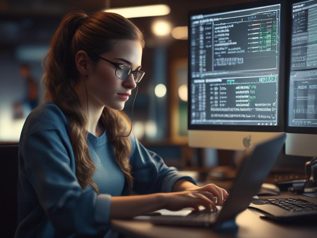A realistic close-up of a young woman coding in Python on her laptop, with a code editor open and various data visualizations on the screen. The background should be a cozy workspace with books and plants, shot with a 45mm f/1.2 lens.