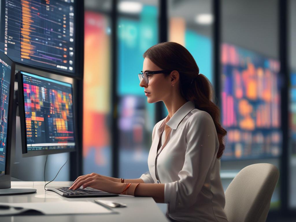 A focused shot of a professional woman analyzing data on her laptop in a modern office space. The background features a large screen displaying colorful data visualizations. The image should capture the intensity of her concentration and the vibrant colors of the visuals, shot with a 45mm f/1.2 lens.