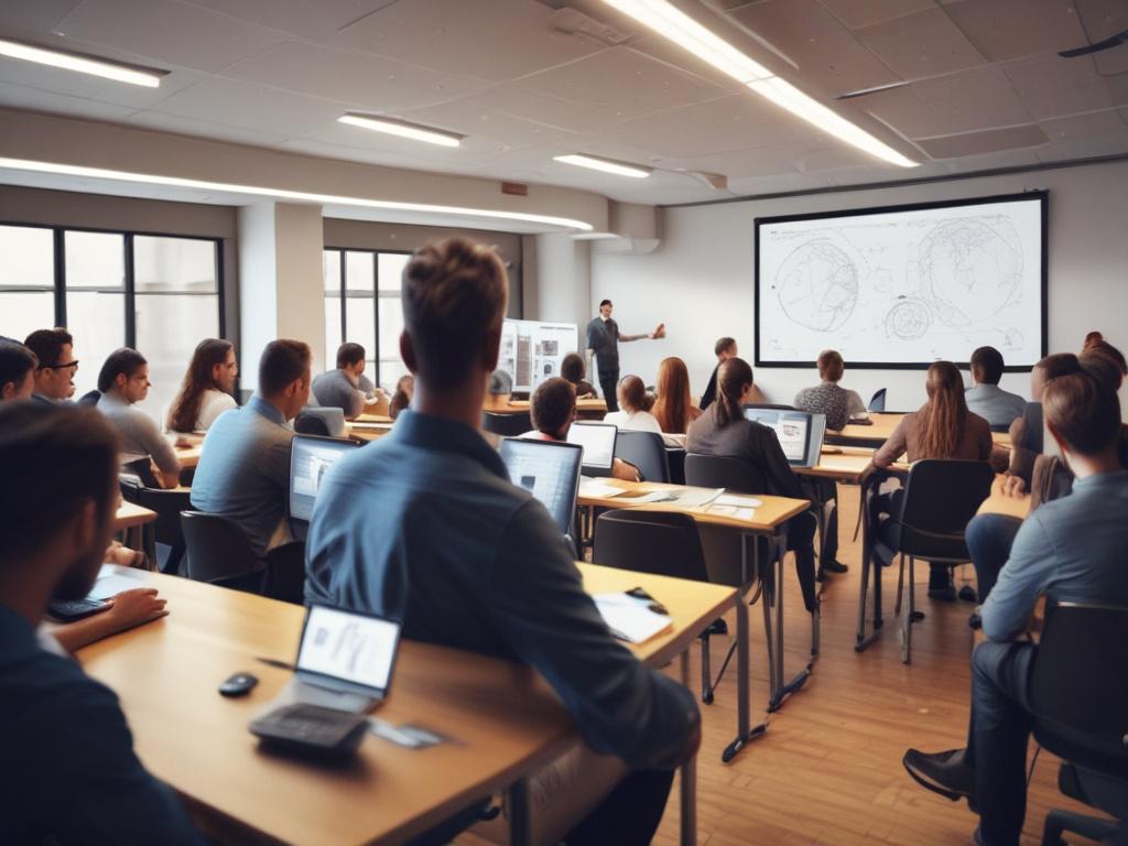 A close-up shot of a male instructor demonstrating business intelligence tools on a large screen, with engaged participants taking notes in a bright, modern classroom setting. The image should emphasize the interaction between the instructor and attendees, captured with a 45mm f/1.2 lens.