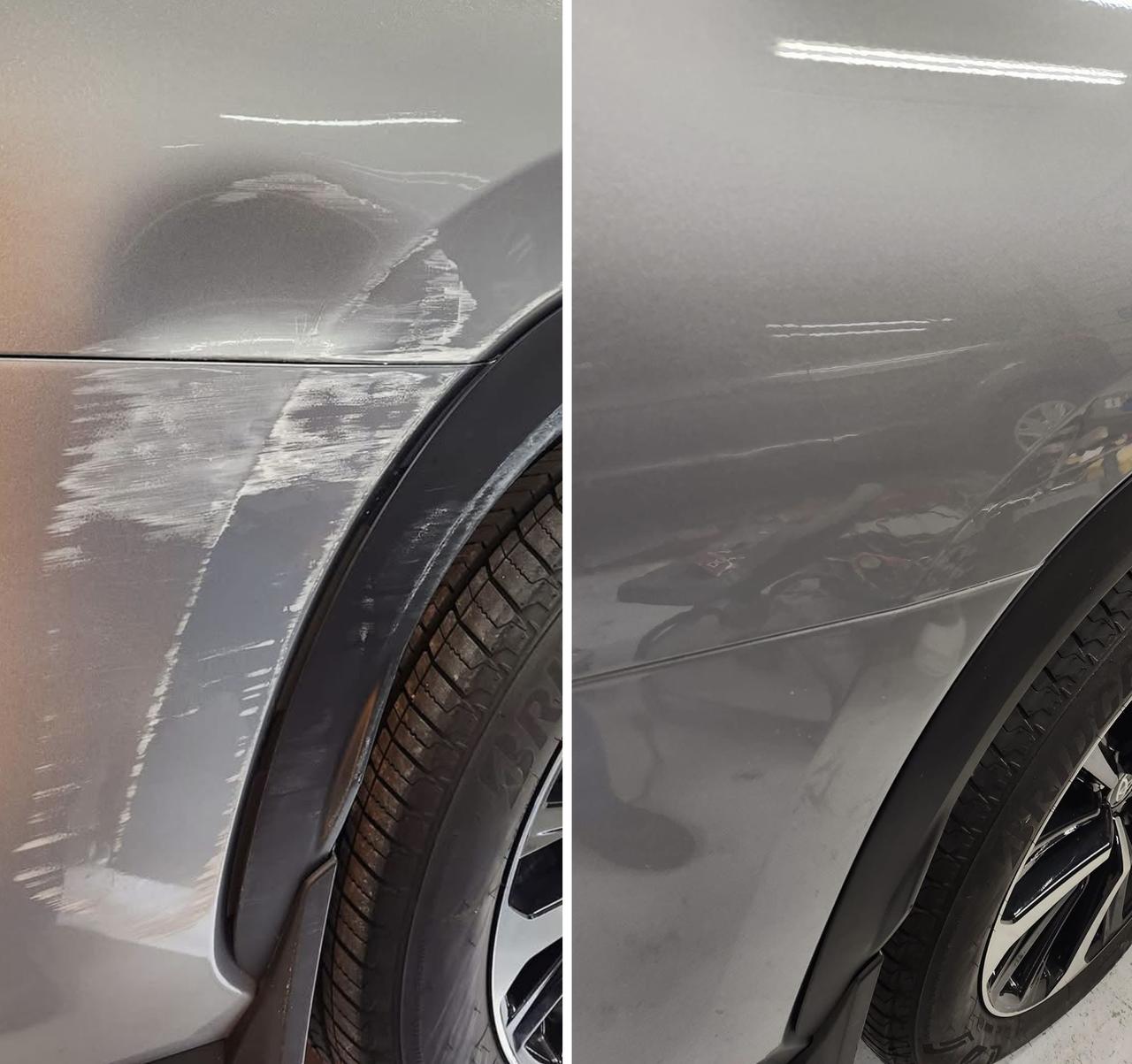 Professional dent repair work on car panel
