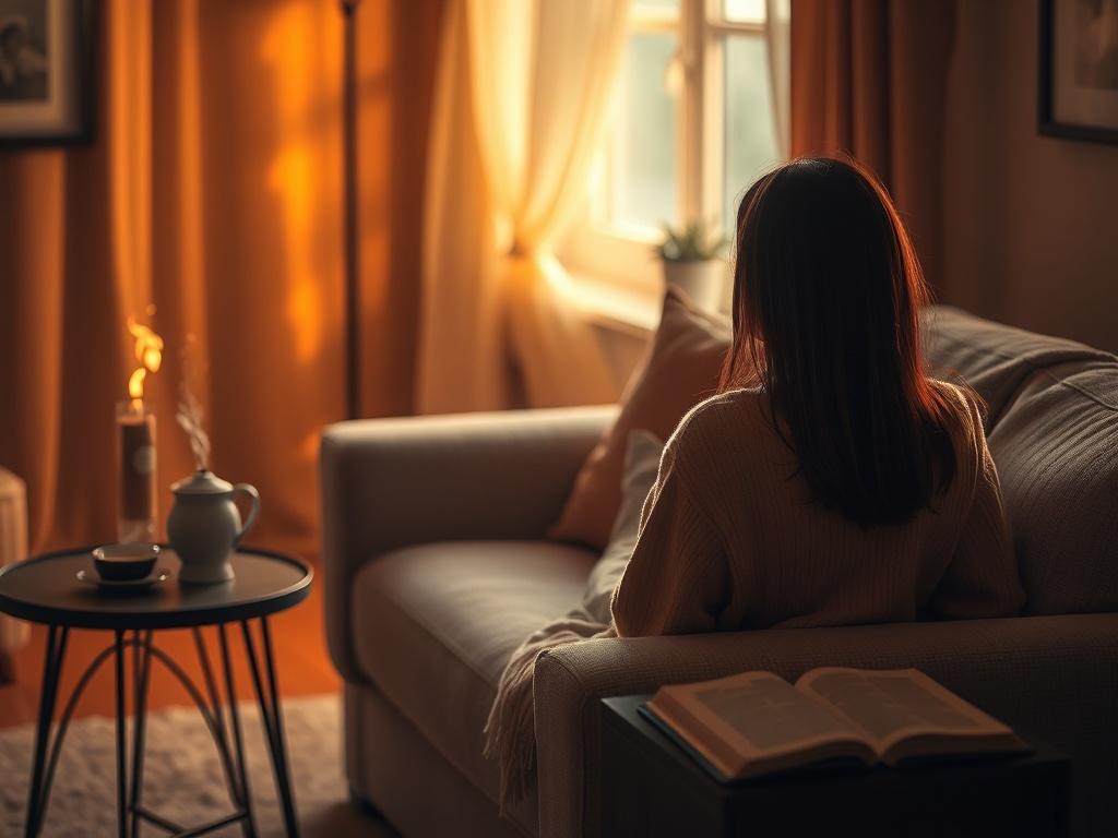 A cozy living room scene featuring a person sitting on a comfortable couch, viewed from the side without showing their face. The room is softly lit with warm, golden hues, creating a serene atmosphere. A small side table with a steaming cup of tea and a book can be seen nearby, while a gentle light filters through a window in the background, adding to the peaceful ambiance.
