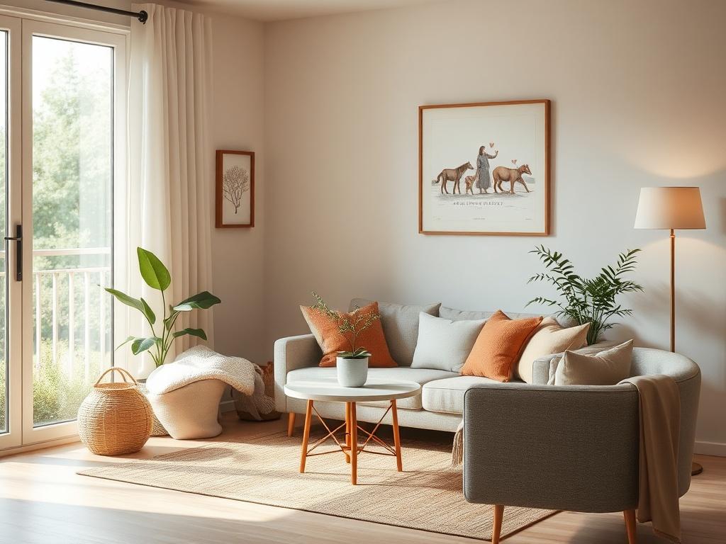 A serene living space with soft, natural lighting  The