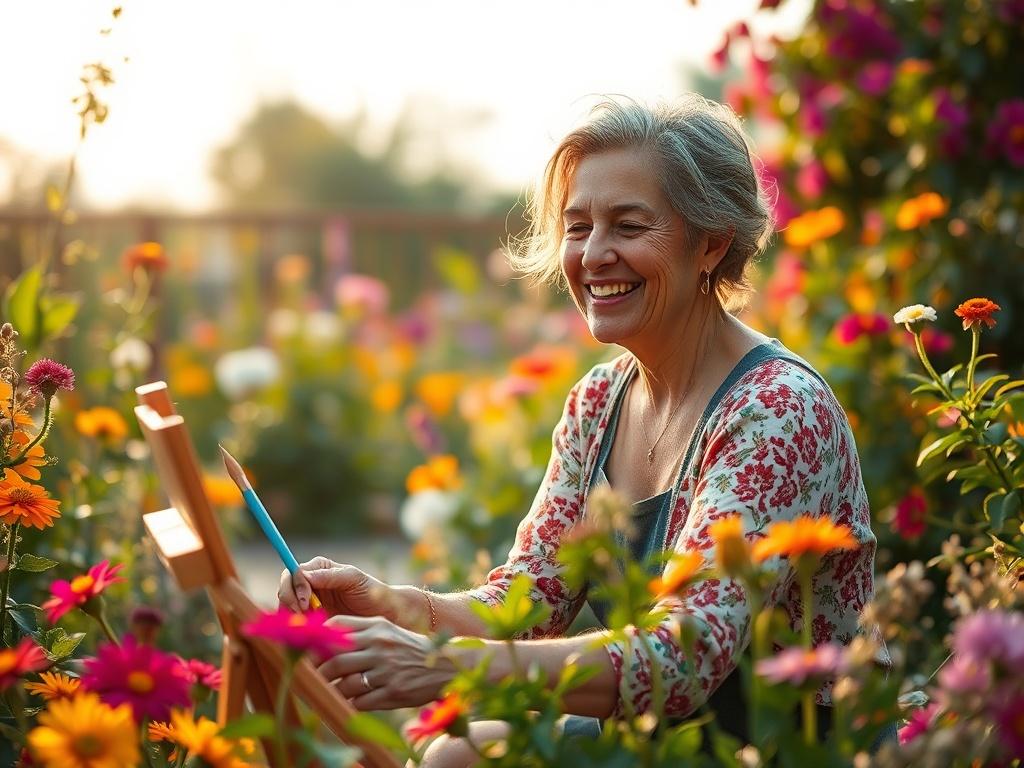 A joyful adult in a peaceful garden, engaging in a